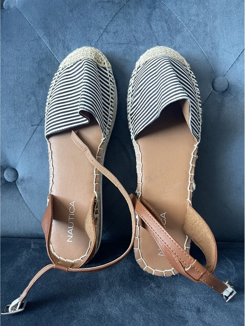 NAUTICA Espadrille Sandals Ankle Straps Black White Stripe Sz 7.5 Coastal NEW